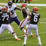 Cleveland Browns quarterback Baker Mayfield (6) looks to pass during the game against the Baltimore Ravens on September 13, 2020, at M&T Bank Stadium in Baltimore, MD.