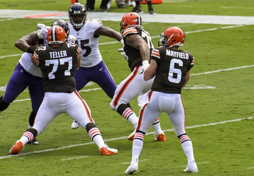 Cleveland Browns quarterback Baker Mayfield (6) looks to pass during the game against the Baltimore Ravens on September 13, 2020, at M&T Bank Stadium in Baltimore, MD.