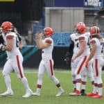 Cleveland Browns Place Kicker Cody Parkey (2) reacts after kicking a field goal during the game between the Cleveland Browns and the Jacksonville Jaguars on November 29, 2020 at TIAA Bank Field in Jacksonville, Fl.