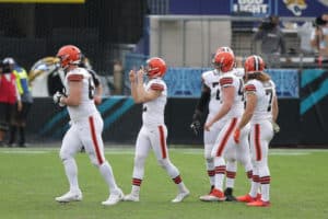 Cleveland Browns Place Kicker Cody Parkey (2) reacts after kicking a field goal during the game between the Cleveland Browns and the Jacksonville Jaguars on November 29, 2020 at TIAA Bank Field in Jacksonville, Fl.