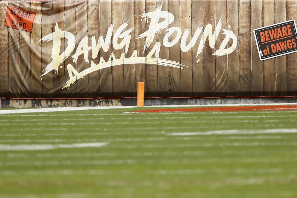 A Dawg Pound banner on display in game action during a NFL game between the Indianapolis Colts and the Cleveland Browns on October11, 2020 at FirstEnergy Stadium in Cleveland, OH.