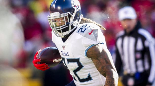 Tennessee Titans running back Derrick Henry (22) looks carries the ball during the AFC Championship game between the Tennessee Titans and the Kansas City Chiefs on Sunday January 19, 2020 at Arrowhead Stadium in Kansas City, MO.