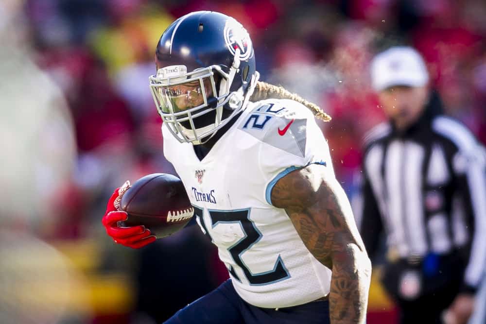 Tennessee Titans running back Derrick Henry (22) looks carries the ball during the AFC Championship game between the Tennessee Titans and the Kansas City Chiefs on Sunday January 19, 2020 at Arrowhead Stadium in Kansas City, MO.