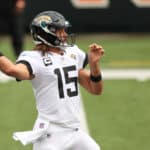Jacksonville Jaguars quarterback Gardner Minshew (15) passes the ball during the game against the Jacksonville Jaguars and the Cincinnati Bengals on October 4, 2020, at Paul Brown Stadium in Cincinnati, OH.