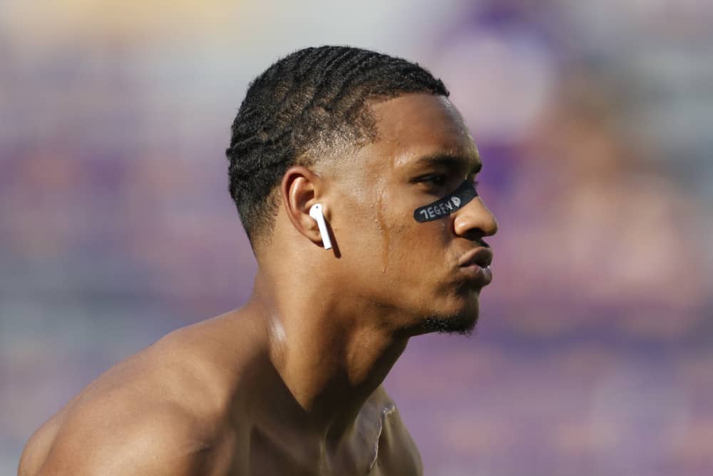 LSU Tigers safety Grant Delpit (7) before the game between the LSU Tigers and Georgia Southern Eagles at LSU Tiger Stadium on August 31, 2019 in Baton Rouge, LA. 