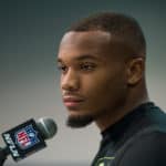 Ohio State running back J K Dobbins answers questions from the media during the NFL Scouting Combine on February 26, 2020 at the Indiana Convention Center in Indianapolis, IN.