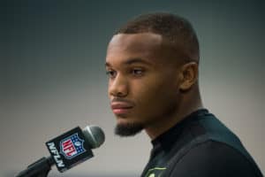 Ohio State running back J K Dobbins answers questions from the media during the NFL Scouting Combine on February 26, 2020 at the Indiana Convention Center in Indianapolis, IN.