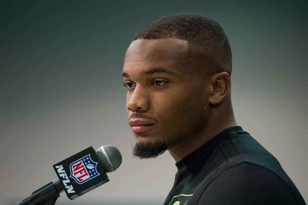 Ohio State running back J K Dobbins answers questions from the media during the NFL Scouting Combine on February 26, 2020 at the Indiana Convention Center in Indianapolis, IN. 