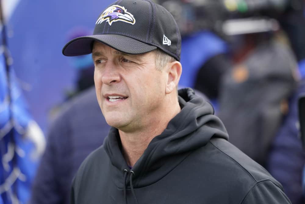 Baltimore Ravens Head Coach John Harbaugh prior to the National Football League game between the Baltimore Ravens and the Buffalo Bills on December 8, 2019, at New Era Field in Orchard Park, NY.