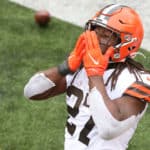 Cleveland Browns running back Kareem Hunt (27) blows a kiss to the crowd after scoring a touchdown during the game against the Cleveland Browns and the Cincinnati Bengals on October 25, 2020, at Paul Brown Stadium in Cincinnati, OH.