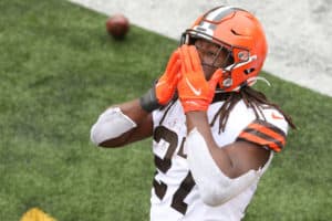 Cleveland Browns running back Kareem Hunt (27) blows a kiss to the crowd after scoring a touchdown during the game against the Cleveland Browns and the Cincinnati Bengals on October 25, 2020, at Paul Brown Stadium in Cincinnati, OH.