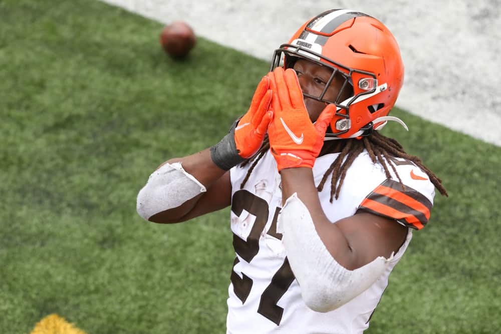 Cleveland Browns running back Kareem Hunt (27) blows a kiss to the crowd after scoring a touchdown during the game against the Cleveland Browns and the Cincinnati Bengals on October 25, 2020, at Paul Brown Stadium in Cincinnati, OH. 