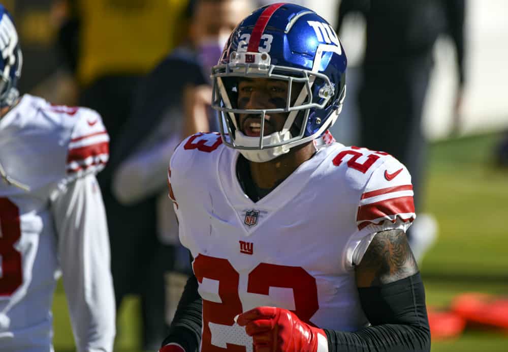 New York Giants free safety Logan Ryan (23)warms up prior to the New York Giants game versus the Washington Football Team on November 8, 2020 at FedEx Field in Landover, MD.