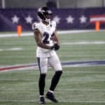 Baltimore Ravens cornerback Marcus Peters (24) during a game between the New England Patriots and the Baltimore Ravens on November 15, 2020, at Gillette Stadium in Foxborough, Massachusetts.