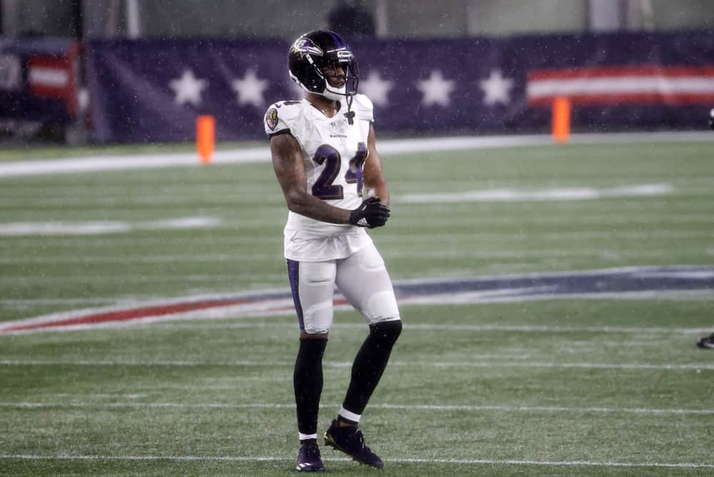 Baltimore Ravens cornerback Marcus Peters (24) during a game between the New England Patriots and the Baltimore Ravens on November 15, 2020, at Gillette Stadium in Foxborough, Massachusetts.