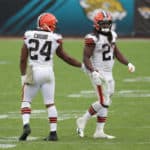 Cleveland Browns Running Back Nick Chubb (24) and Cleveland Browns Running Back Kareem Hunt (27) during the game between the Cleveland Browns and the Jacksonville Jaguars on November 29, 2020 at TIAA Bank Field in Jacksonville, Fl.