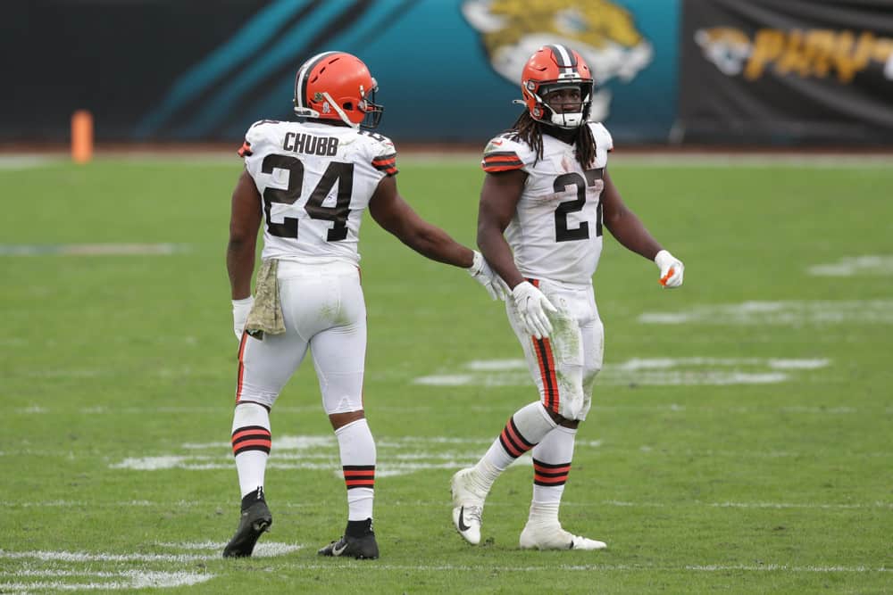 Cleveland Browns Running Back Nick Chubb (24) and Cleveland Browns Running Back Kareem Hunt (27) during the game between the Cleveland Browns and the Jacksonville Jaguars on November 29, 2020 at TIAA Bank Field in Jacksonville, Fl.