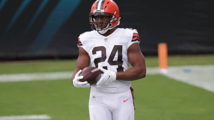 Cleveland Browns Running Back Nick Chubb (24) during the game between the Cleveland Browns and the Jacksonville Jaguars on November 29, 2020 at TIAA Bank Field in Jacksonville, Fl.