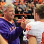14 November 2015: Buffalo Bills head coach Rex Ryan congratulates his son, Clemson Tigers wide receiver Seth Ryan (85) play during an NCAA football game between Clemson Tigers and Syracuse Orange at the Carrier Dome in Syracuse, NY.