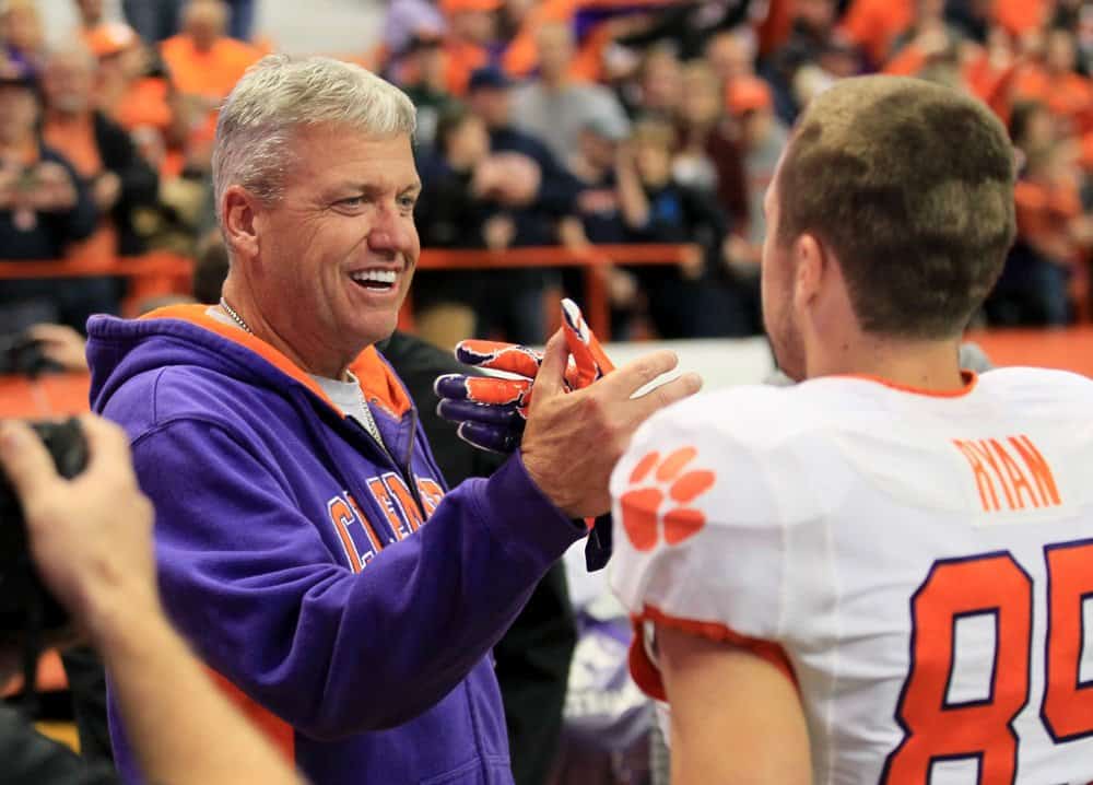 14 November 2015: Buffalo Bills head coach Rex Ryan congratulates his son, Clemson Tigers wide receiver Seth Ryan (85) play during an NCAA football game between Clemson Tigers and Syracuse Orange at the Carrier Dome in Syracuse, NY.