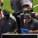 Cleveland Browns offensive coordinator, Alex Van Pelt reviews the screen during the game against the Baltimore Ravens on September 13, 2020, at M&T Bank Stadium in Baltimore, MD.