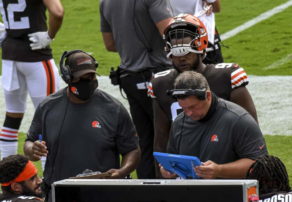 Cleveland Browns offensive coordinator, Alex Van Pelt reviews the screen during the game against the Baltimore Ravens on September 13, 2020, at M&T Bank Stadium in Baltimore, MD.