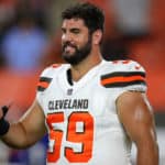 Cleveland Browns offensive lineman Anthony Fabiano (59) on the field following the National Football League preseason game between the Buffalo Bills and Cleveland Browns on August 17, 2018, at FirstEnergy Stadium in Cleveland, OH. Buffalo defeated Cleveland 19-17.