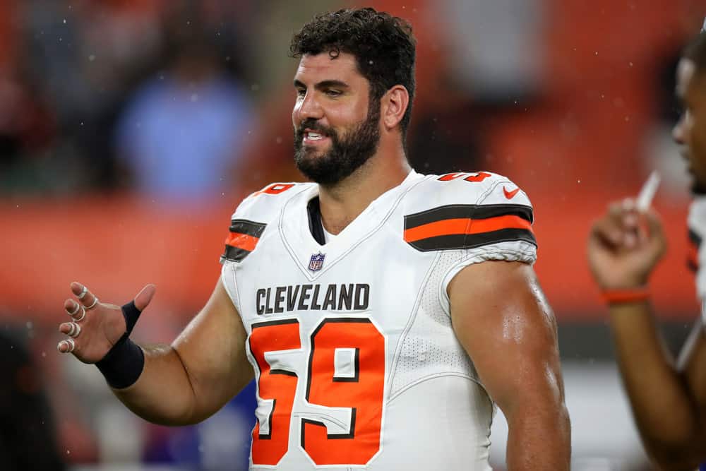 Cleveland Browns offensive lineman Anthony Fabiano (59) on the field following the National Football League preseason game between the Buffalo Bills and Cleveland Browns on August 17, 2018, at FirstEnergy Stadium in Cleveland, OH. Buffalo defeated Cleveland 19-17. 