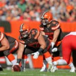 Cleveland Browns center JC Tretter (64) prepares to snap the ball to Cleveland Browns running back Nick Chubb (24) carries the football during the second quarter of the National Football League game between the Kansas City Chiefs and Cleveland Browns on November 4, 2018, at FirstEnergy Stadium in Cleveland, OH.