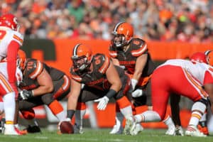 Cleveland Browns center JC Tretter (64) prepares to snap the ball to Cleveland Browns running back Nick Chubb (24) carries the football during the second quarter of the National Football League game between the Kansas City Chiefs and Cleveland Browns on November 4, 2018, at FirstEnergy Stadium in Cleveland, OH.