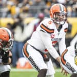 Cleveland Browns quarterback Baker Mayfield (6) looks at his offensive line before throwing a touchdown during the NFL football game between Cleveland Browns and the Pittsburgh Steelers on December 1, 2019 at Heinz Field in Pittsburgh, PA.
