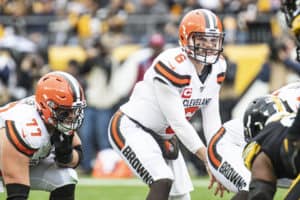 Cleveland Browns quarterback Baker Mayfield (6) looks at his offensive line before throwing a touchdown during the NFL football game between Cleveland Browns and the Pittsburgh Steelers on December 1, 2019 at Heinz Field in Pittsburgh, PA.