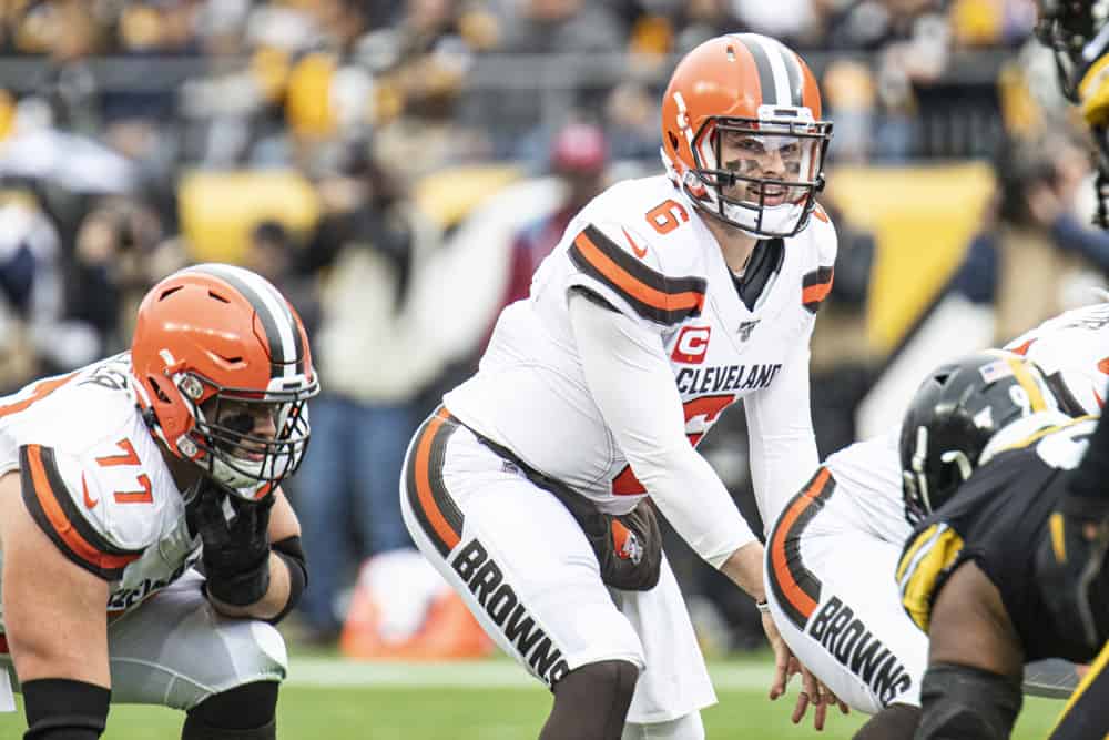 Cleveland Browns quarterback Baker Mayfield (6) looks at his offensive line before throwing a touchdown during the NFL football game between Cleveland Browns and the Pittsburgh Steelers on December 1, 2019 at Heinz Field in Pittsburgh, PA. 