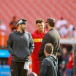 Cleveland Browns quarterback Baker Mayfield (6) and Kansas City Chiefs quarterback Patrick Mahomes (15) meet on the field prior to the National Football League game between the Kansas City Chiefs and Cleveland Browns on November 4, 2018, at FirstEnergy Stadium in Cleveland, OH.