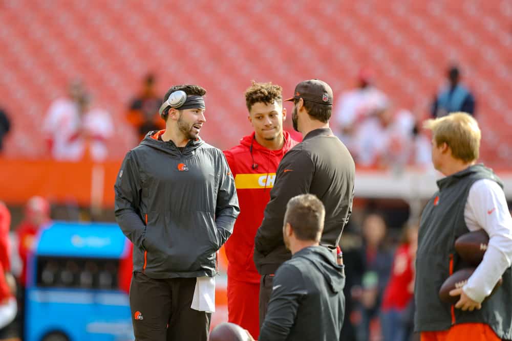 Cleveland Browns quarterback Baker Mayfield (6) and Kansas City Chiefs quarterback Patrick Mahomes (15) meet on the field prior to the National Football League game between the Kansas City Chiefs and Cleveland Browns on November 4, 2018, at FirstEnergy Stadium in Cleveland, OH.