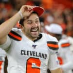 Cleveland Browns quarterback Baker Mayfield (6) celebrates after Cleveland Browns wide receiver Damon Sheehy-Guiseppi (15) (not pictured) returned a punt 86-yards for a touchdown during the fourth quarter of the National Football League preseason game between the Washington Redskins and Cleveland Browns on August 8, 2019, at FirstEnergy Stadium in Cleveland, OH.