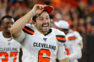 Cleveland Browns quarterback Baker Mayfield (6) celebrates after Cleveland Browns wide receiver Damon Sheehy-Guiseppi (15) (not pictured) returned a punt 86-yards for a touchdown during the fourth quarter of the National Football League preseason game between the Washington Redskins and Cleveland Browns on August 8, 2019, at FirstEnergy Stadium in Cleveland, OH.