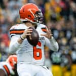 Cleveland Browns quarterback Baker Mayfield (6) looks on during the NFL football game between the Cleveland Browns and the Pittsburgh Steelers on December 01, 2019 at Heinz Field in Pittsburgh, PA.