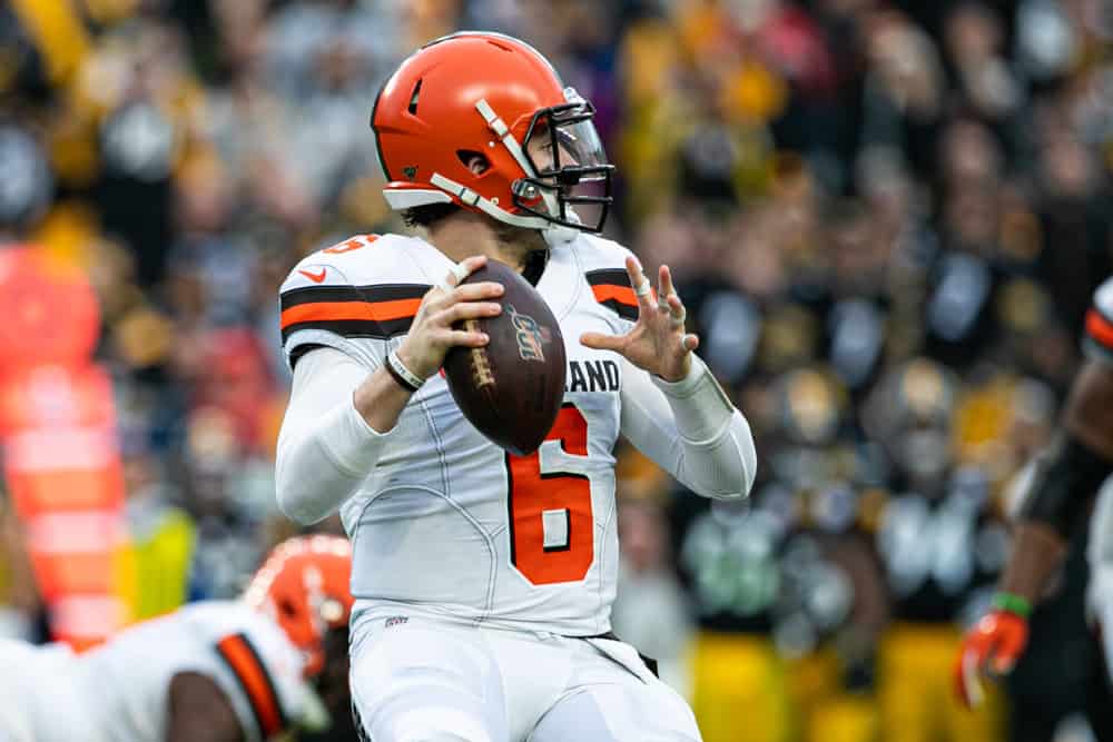 Cleveland Browns quarterback Baker Mayfield (6) looks on during the NFL football game between the Cleveland Browns and the Pittsburgh Steelers on December 01, 2019 at Heinz Field in Pittsburgh, PA.