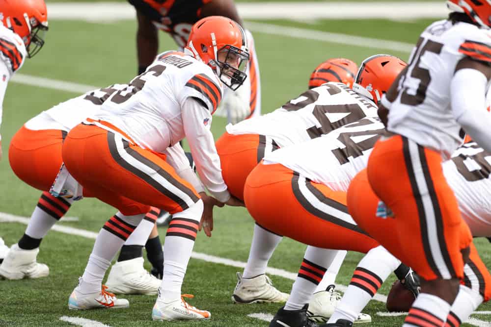 Cleveland Browns quarterback Baker Mayfield (6) prepares for a play during the game against the Cleveland Browns and the Cincinnati Bengals on October 25, 2020, at Paul Brown Stadium in Cincinnati, OH.