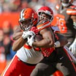 Cleveland Browns running back Nick Chubb (24) is tackled by Kansas City Chiefs linebacker Reggie Ragland (59) during the second quarter of the National Football League game between the Kansas City Chiefs and Cleveland Browns on November 4, 2018, at FirstEnergy Stadium in Cleveland, OH.