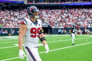 Houston Texans defensive end JJ Watt (99) paces the sideline during the football game between the Houston Texans and Jacksonville Jaguars at NRG Stadium on September 15, 2019 in Houston, Texas.