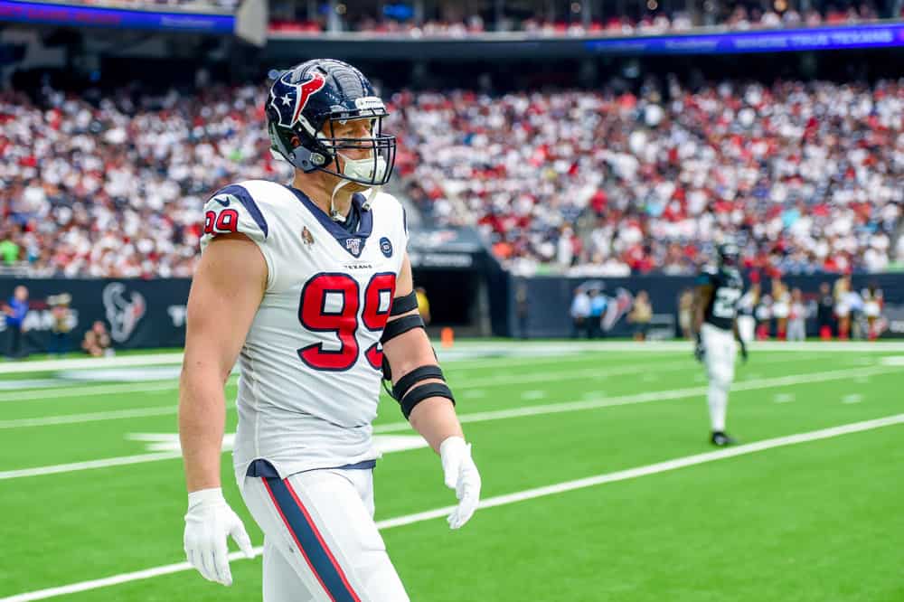 Houston Texans defensive end JJ Watt (99) paces the sideline during the football game between the Houston Texans and Jacksonville Jaguars at NRG Stadium on September 15, 2019 in Houston, Texas. 