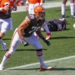 Cleveland Browns tackle Jack Conklin (78) participates in drills during the Cleveland Browns Training Camp on August 30, 2020, at FirstEnergy Stadium in Cleveland, OH.