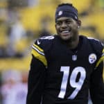 Pittsburgh Steelers wide receiver JuJu Smith-Schuster (19) smiles at fans during the NFL football game between the Cincinnati Bengals and the Pittsburgh Steelers on December 30, 2018 at Heinz Field in Pittsburgh, PA.