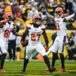 Cleveland Browns running back Kareem Hunt (27) celebrates with teammates after scoring a touchdown during the NFL football game between the Cleveland Browns and the Pittsburgh Steelers on December 01, 2019 at Heinz Field in Pittsburgh, PA.