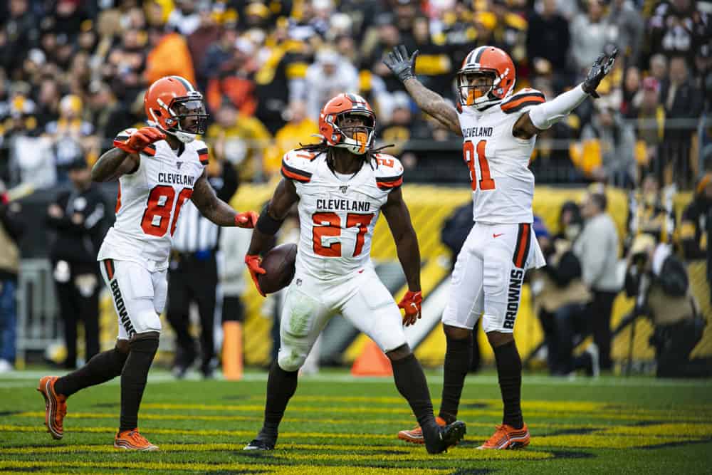 Cleveland Browns running back Kareem Hunt (27) celebrates with teammates after scoring a touchdown during the NFL football game between the Cleveland Browns and the Pittsburgh Steelers on December 01, 2019 at Heinz Field in Pittsburgh, PA. 