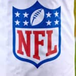 A detail view of a NFL Crest logo is seen on banner in game action during a NFL game between the Chicago Bears and the Tampa Bay Buccaneers on October 8th, 2020, at Soldier Field in Chicago, IL.