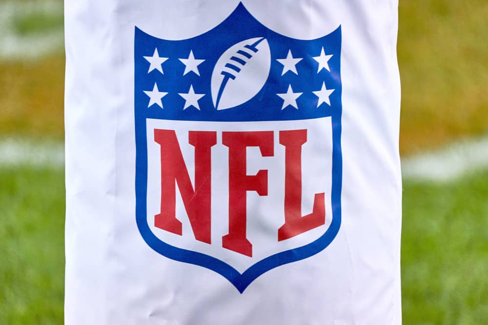 A detail view of a NFL Crest logo is seen on banner in game action during a NFL game between the Chicago Bears and the Tampa Bay Buccaneers on October 8th, 2020, at Soldier Field in Chicago, IL.