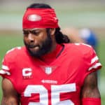 San Francisco 49ers cornerback Richard Sherman (25) looks on during the NFL game between the San Francisco 49ers and the Arizona Cardinals on September 13, 2020, at Levi's Stadium in Santa Clara, California.